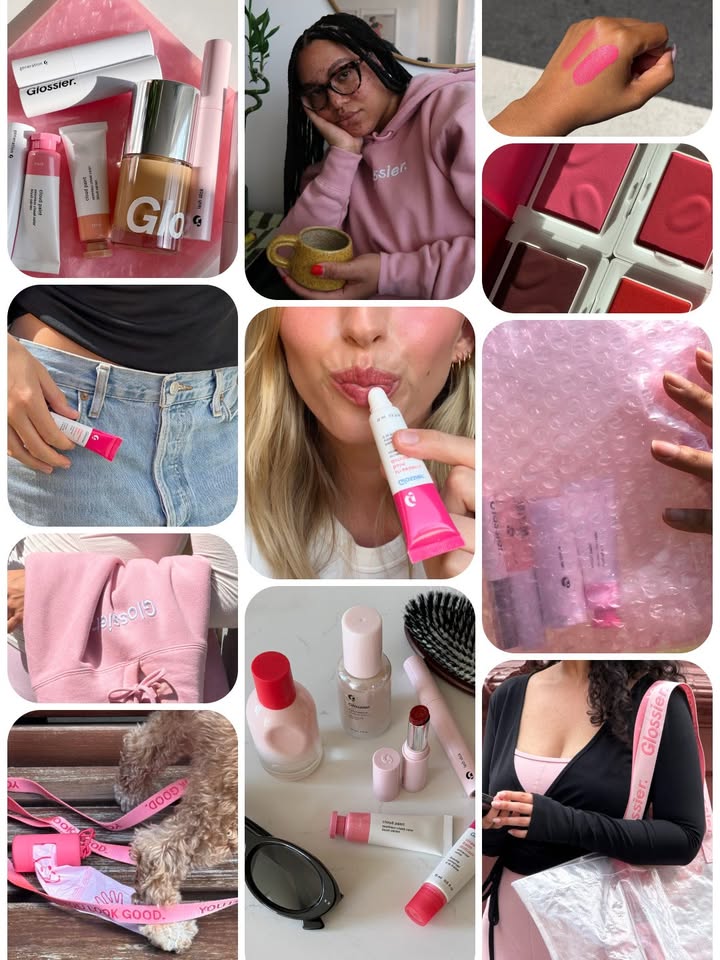 Glossier Meta ad creative — “Pink State” — moodboard, minimal copy